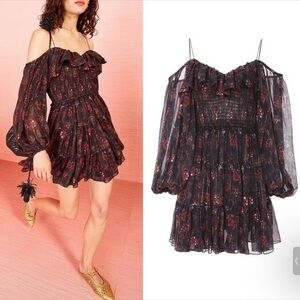 ULLA JOHNSON Monet Metallic Floral off the Shoulder Dress; Sz 6